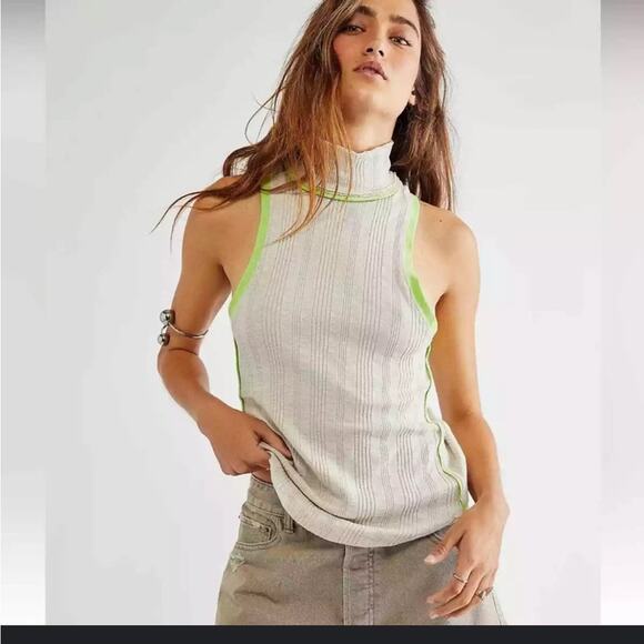 Free People We The Free Marley Mock Tank High Neck Neutral Cream Green Hemline - Picture 1 of 6